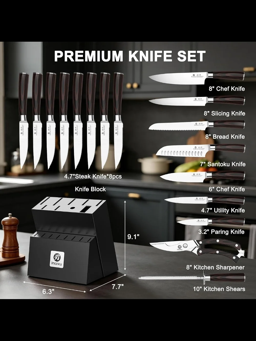 Knife Set, 18-Piece Japanese Santoku Stainless Steel Knife Set with Block, New